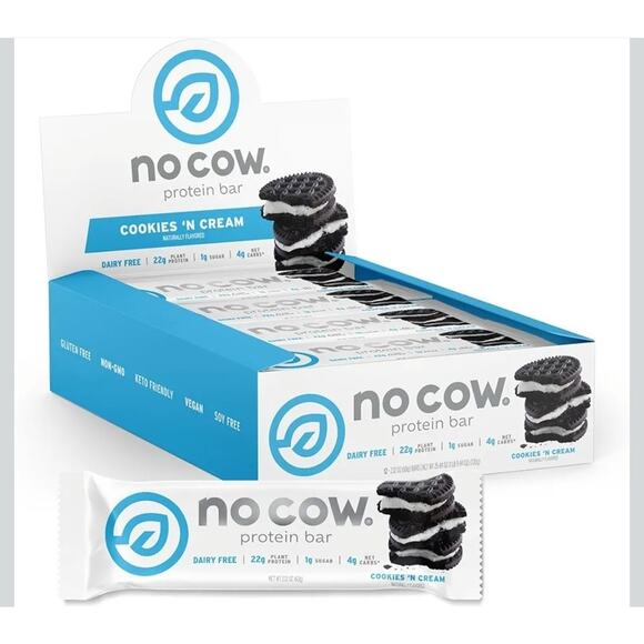 No Cow High Protein Bars, Cookies 'N Cream, 20g Vegan Protein, High Fiber, 12 Ct - Picture 1 of 4